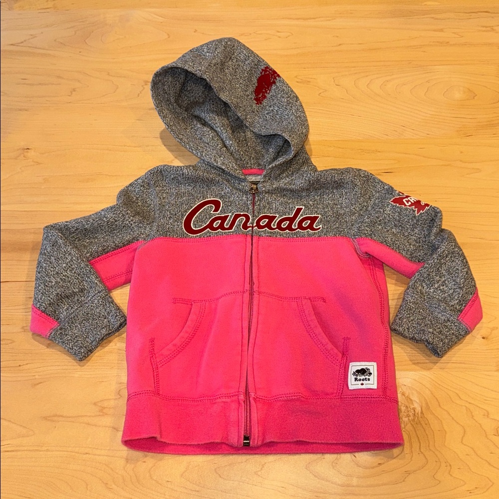 Roots Kids Grey Marled and Pink Zip Up Hoodie in size 3T | Roots Sweatshirt